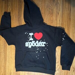 Authentic Sp5der Black Hoodie with Red Heart